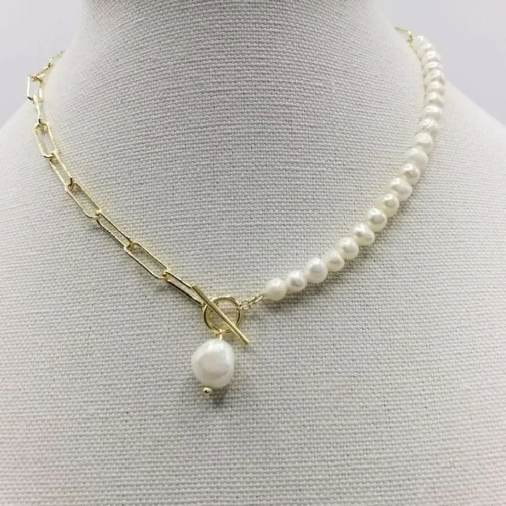 Gold Plated Cultured Baroque Freshwater Pearl‎ Pendant Necklace Toggle Clasp - Picture 8 of 9